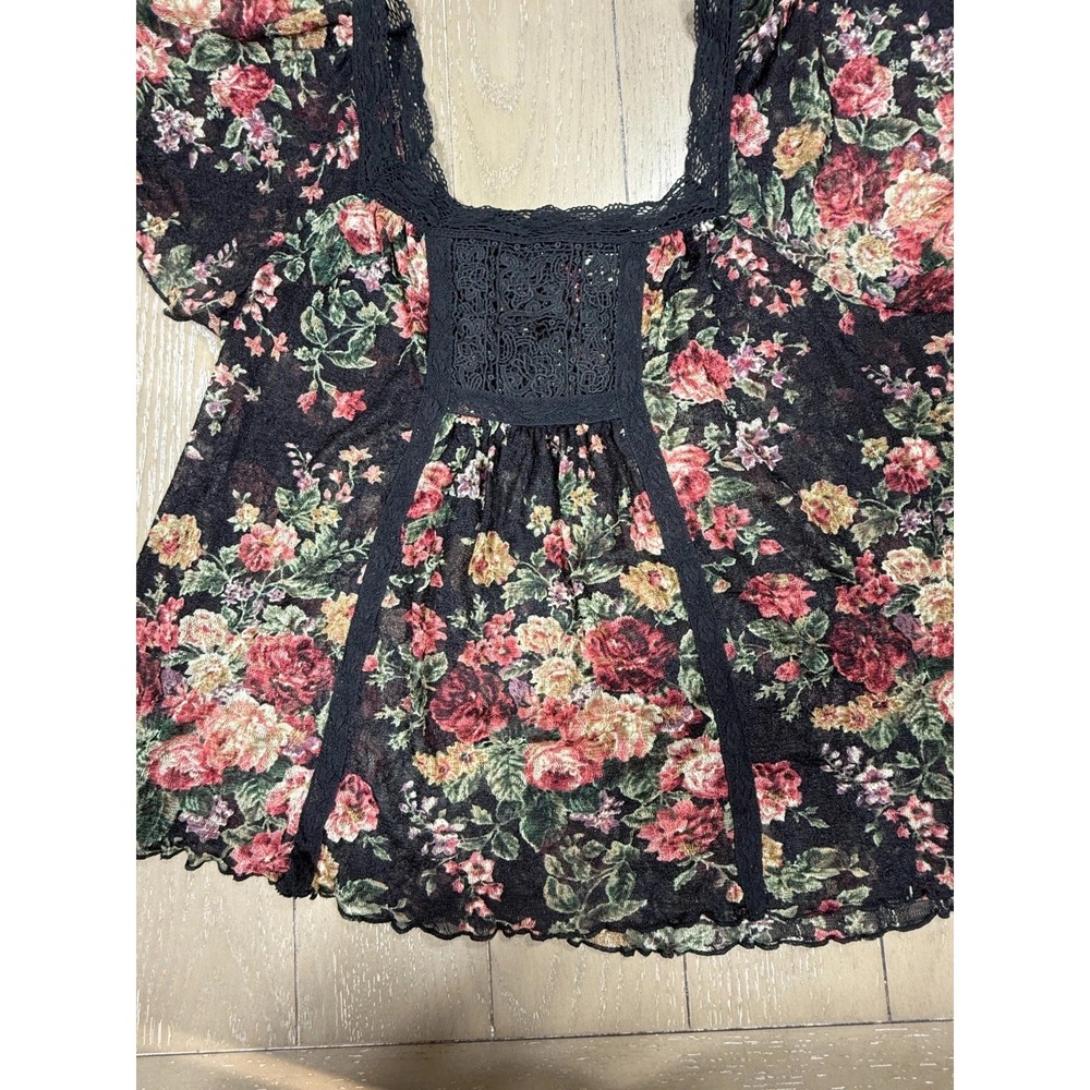 Denim Supply Ralph Lauren Floral‎ Boho Peasant Top Womens Large Black Lace Y2K